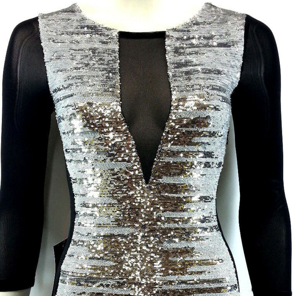 💋 BEBE Black Silver Sequin Bodycon XXS new RARE 💋 - Picture 2 of 8